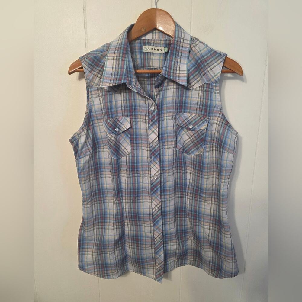 Roper Pastel Plaid Sleeveless Pearl Snap Shirt Western Cowgirl Rocker Womens XL